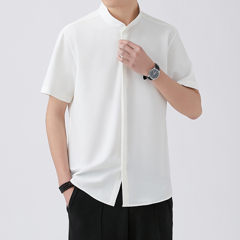 Cross-Border New Style New Chinese-Style Stand-Collar Short-Sleeved Shirt for Men, Summer New Solid Color Shirt with a High-End Feel and Ice Silk Drape