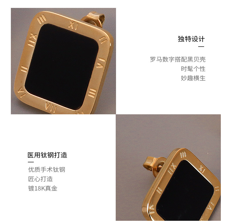 Fashion Rectangle Roman Numeral Square Black Shell Titanium Steel Earrings display picture 6