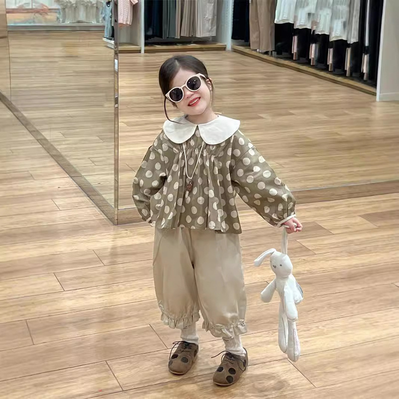 2024 autumn new Korean children's clothing girls polka dot doll collar shirt shirt ruffled radish wide leg pants