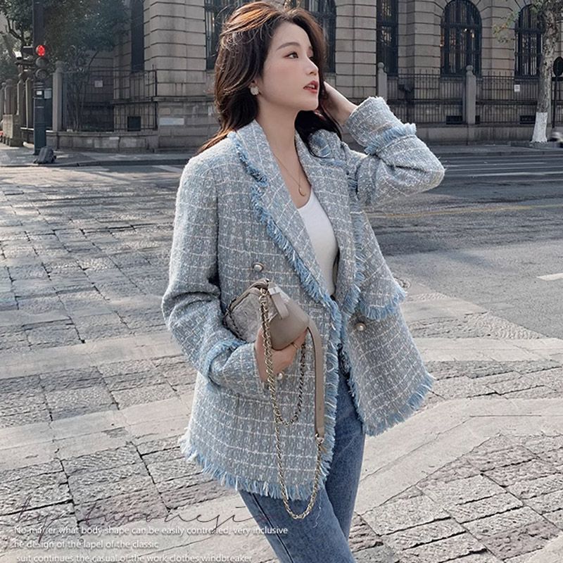 French-Style Blue Lapel Chanel-Inspired Blazer for Women, New Autumn Elegant Socialite Petite Houndstooth Suit