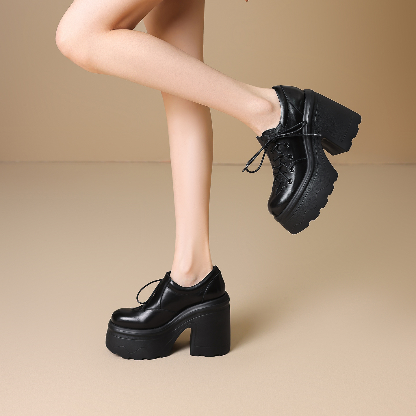 Giày cao gót nữ da thật phong cách Anh quốc cổ điển gót vuông 12 cm đế platform — màu nâu