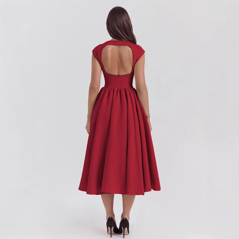 2024 otoño e invierno nuevo estilo estilo europeo y americano moda femenina transfronteriza temperamento sexy sin espalda cintura delgado vestido de color sólido image 3