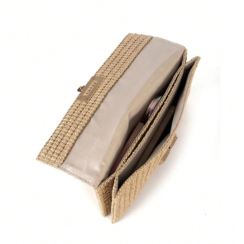 2025 New Vacation Style Multi-Compartment Chain Flap Twist Lock Straw Woven Shoulder Cross-Border Women's Bag_voghion.com