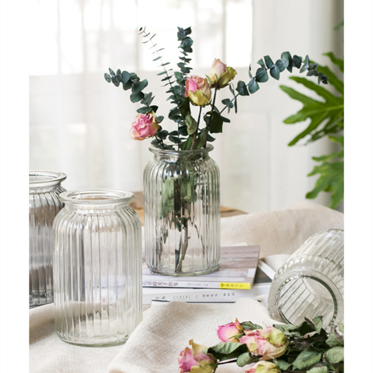 透明玻璃花瓶简约竖条纹水培鲜花干花插花器家居大号客厅装饰摆件