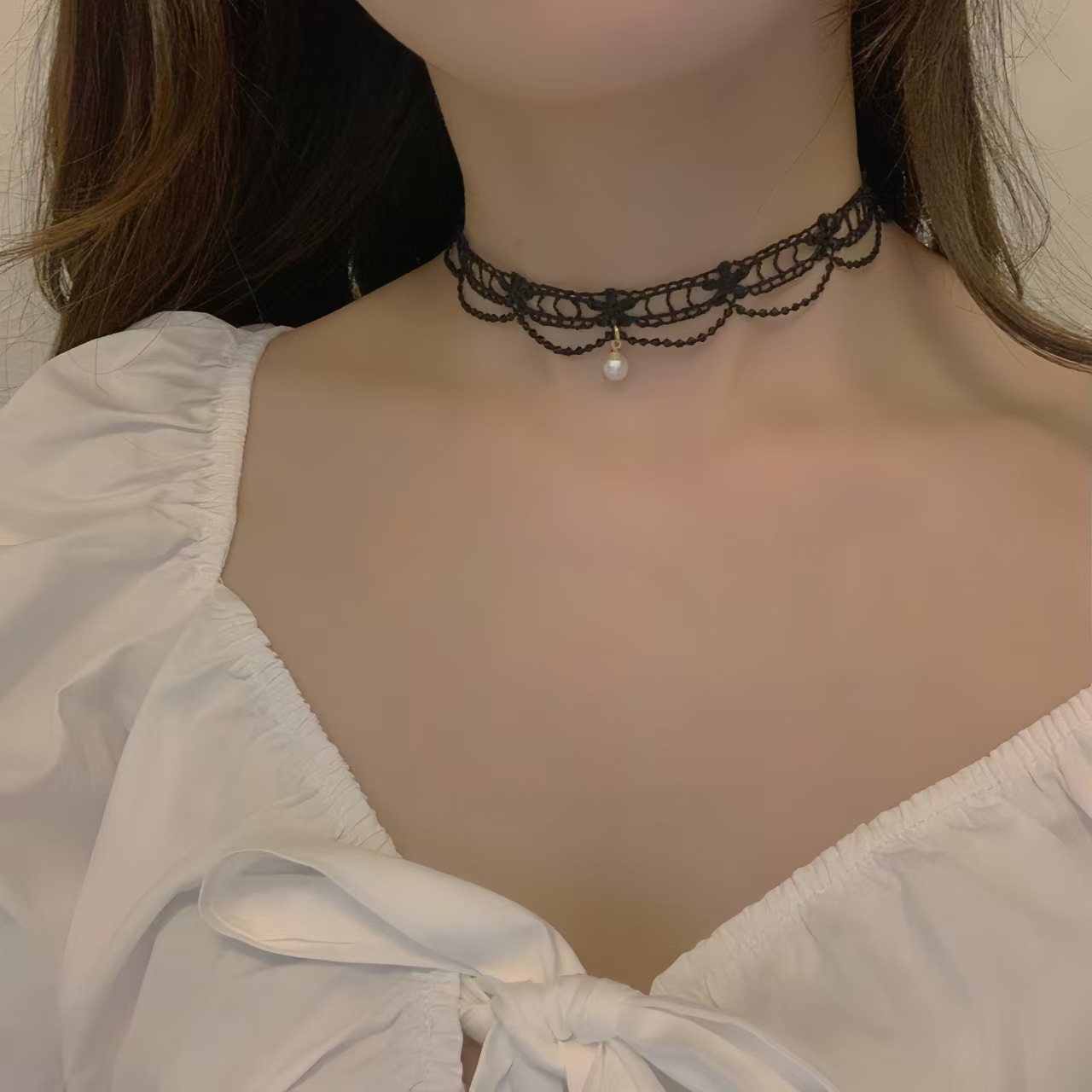 Choker Necklace Women's White Lace Pearl Necklace Girly Elegant Collar Neck Strap Super Fairy Clavicle Chain Neck Ornaments