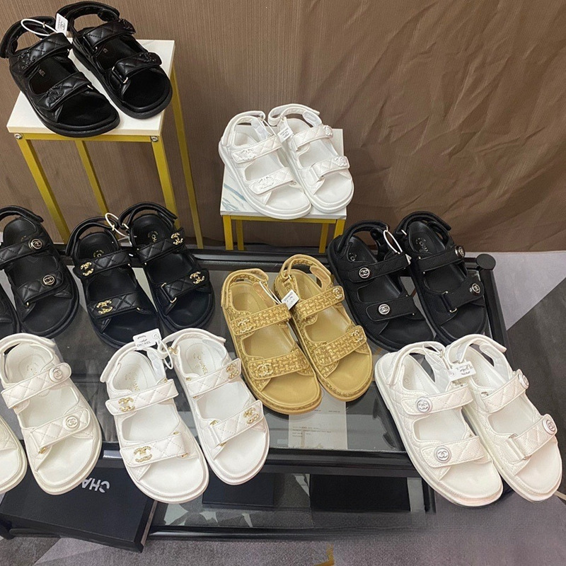 Chanel-Style Genuine Leather Rhombus-Patterned Diamond Buckle Velcro Thick Soft Sole Platform Outdoor Roman Beach Casual Women's Sandals