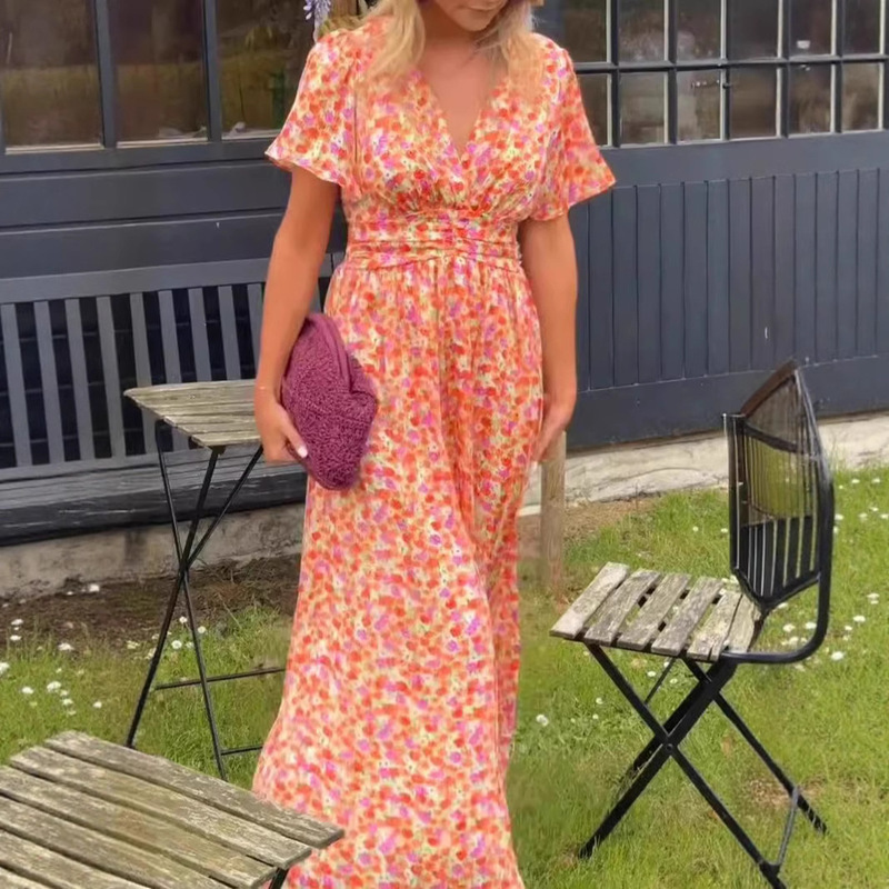 Europe and the United States cross-border shein2024 new Amazon foreign trade women's elegant printed waist V-neck dress dress