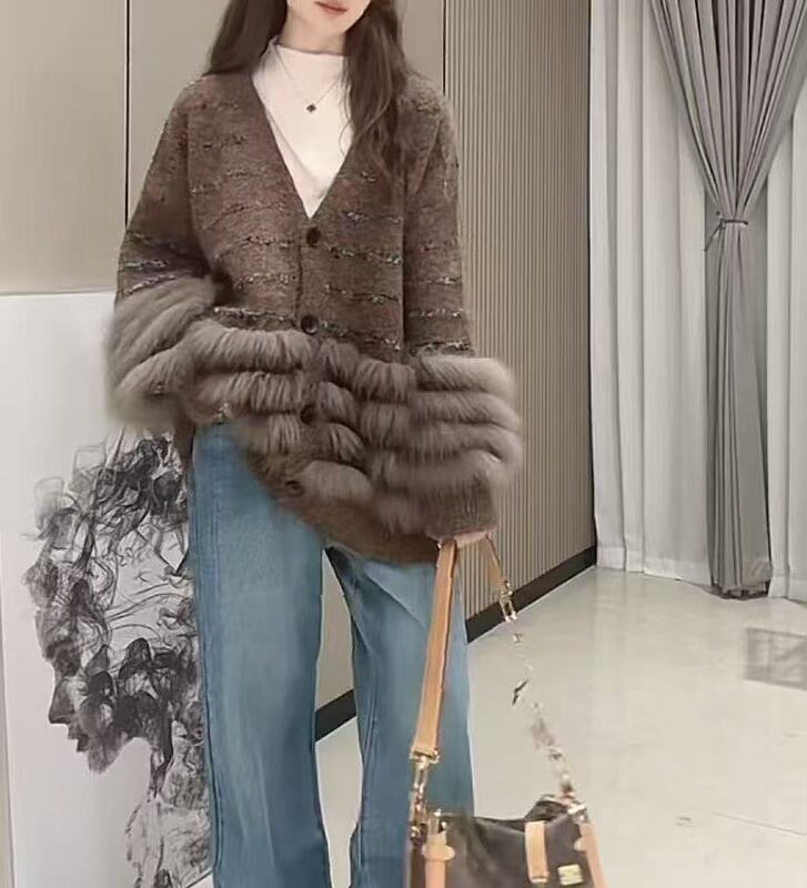 秋冬高级设计仿狐狸毛亮丝条纹韩系中长宽松显瘦毛衣慵懒风外套女|undefined