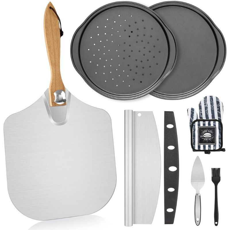 Amazon Hot Sale 7 Pizza Plate Wooden Handle Pizza with Heat-proof Gloves Long Cutter Pizza Baking Tools suit