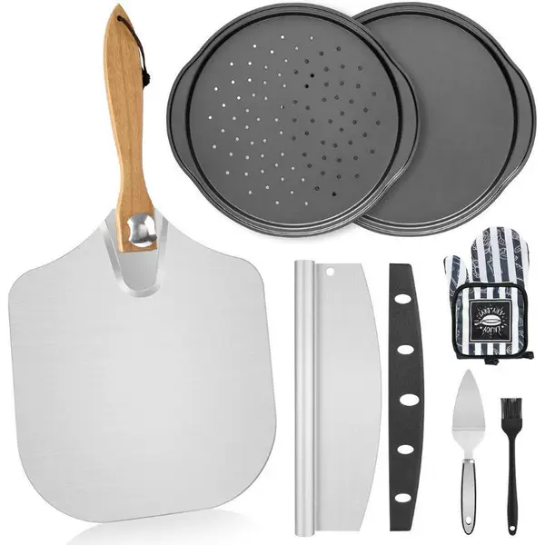 Amazon Hot Sale 7 Pizza Plate Wooden Handle Pizza with Heat-proof Gloves Long Cutter Pizza Baking Tools suit