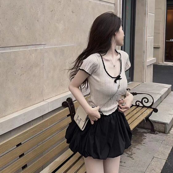 American Style Shoulder Contrast Lace Bow Ice Silk Knitted Short-sleeved T-shirt Women's Summer Tight Spice Girl Short Top