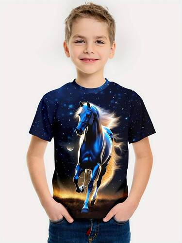 Bestselling Ma Series 3D Digital Boys' Short-Sleeve T-Shirt for Summer Sports, Round Neck Top
