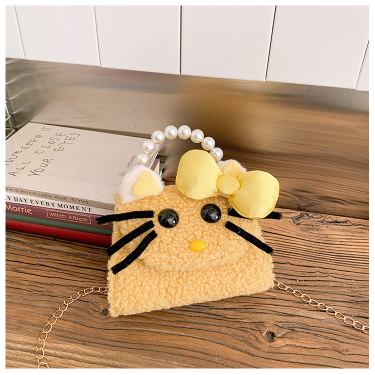 Caricatura lindo gatito niña bolsa de hombro bolsa de perlas de peluche otoño invierno 2026 nuevo accesorios para niños bolsa