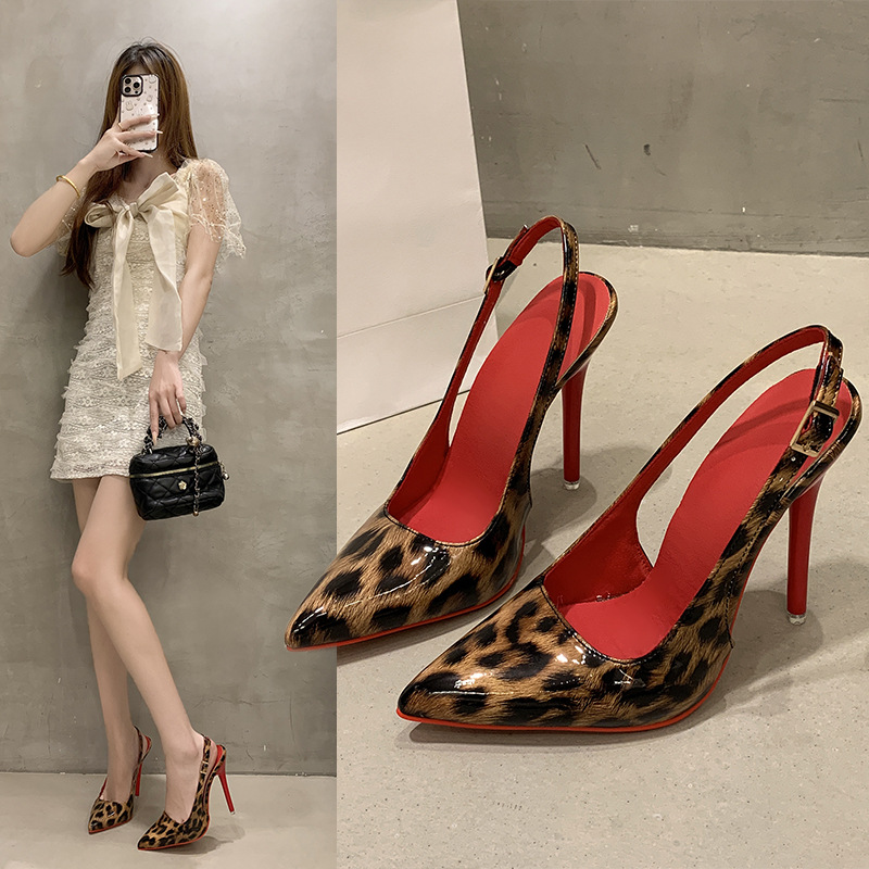欧美跨境大码豹纹高跟鞋女2025新款细跟性感尖头后空浅口红底单鞋