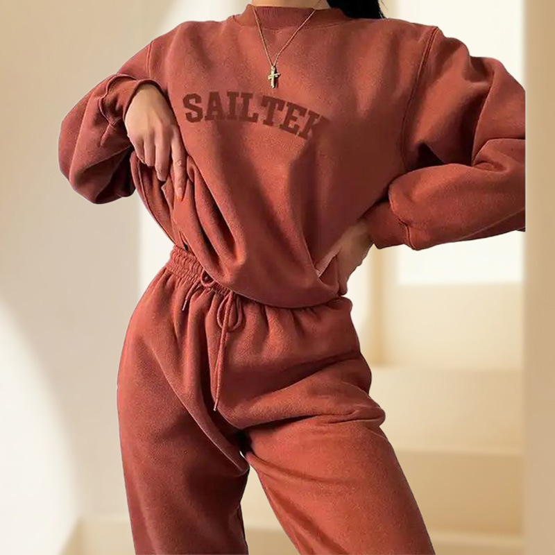 Customized Oem Cross-Border Logo Casual Two-Piece Set 2024 Women's French Terry Hoodie Set Trendy Customization