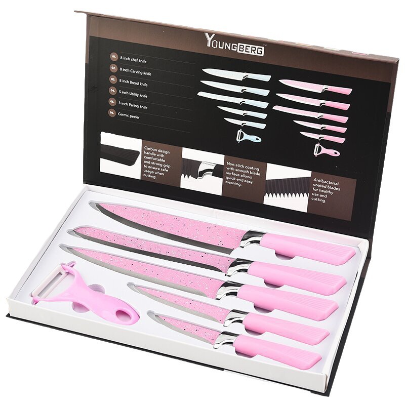 Fábrica de acero inoxidable de color Punto de pulverización vietilla mango cuchillo de seis piezas cuchillo de cocina melón cepilladora cuchillo de cocina traje al por mayor