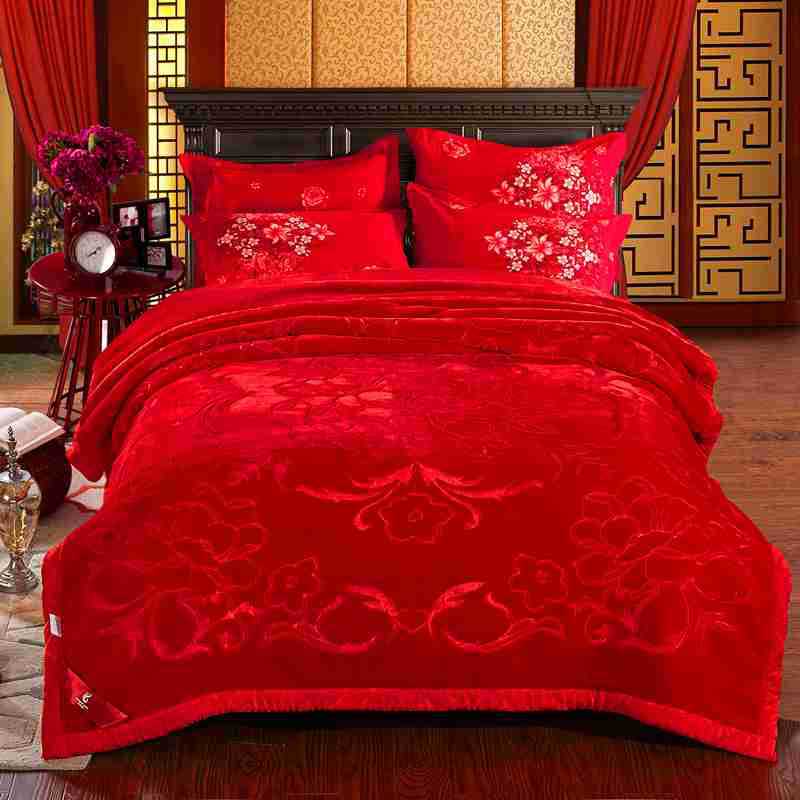 레드 해피 웨딩 담요 더블 국수 봄 가을과 겨울 단열 따뜻한 침실 웨딩 침대 라셸 달리기