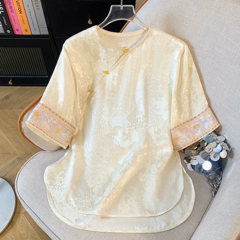 8763 # 2025 Новый китайский стиль, топ в национальном стиле, женская летняя улучшенная атласная рубашка с косыми лацканами, шелковая жаккардовая футболка в древнем стиле