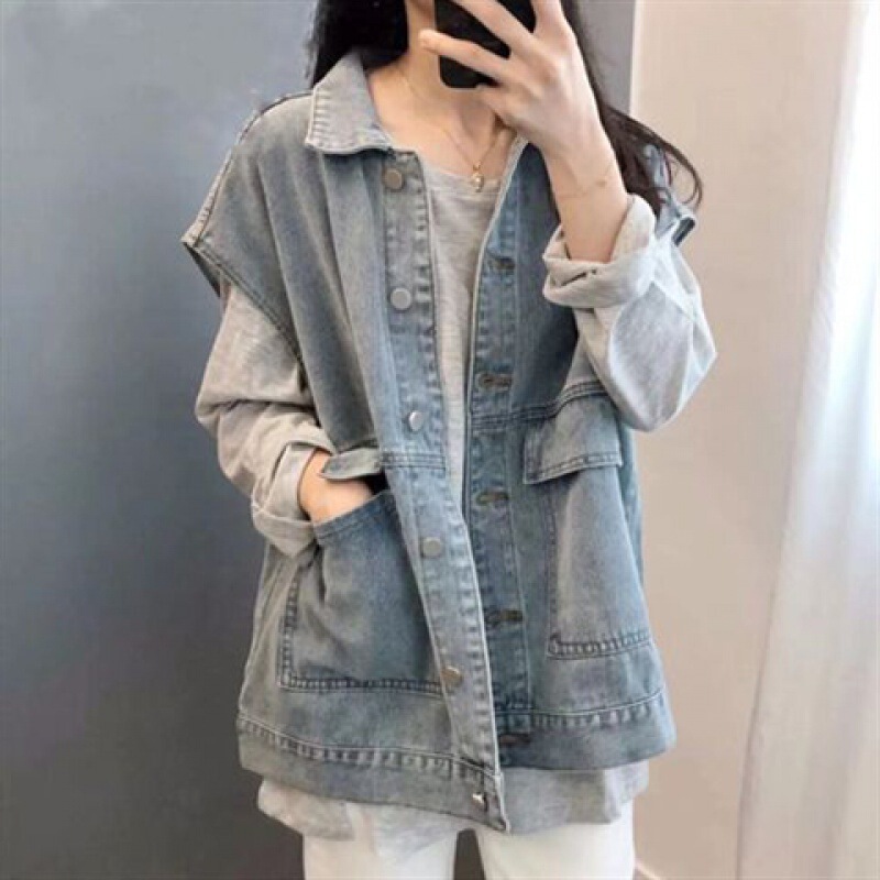 复古做旧拼皮牛仔布短外套女设计感小众休闲宽松小个子短款洋气上|undefined