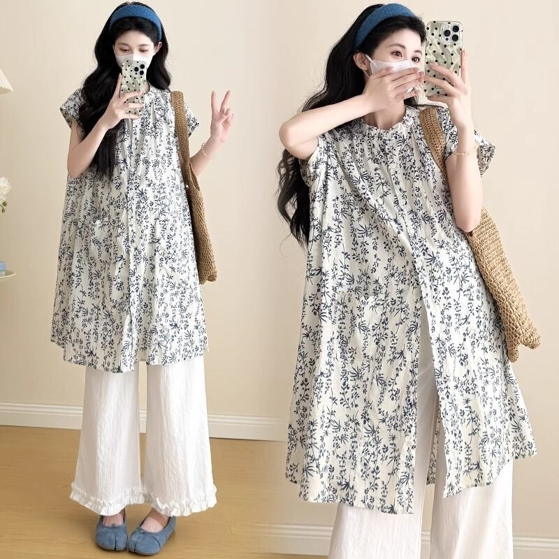 Maternity Wear Summer New Style Sweet Loose Mid-Length Floral Shirt Set Casual Wide-Leg Lace Wide-Leg Pants for Women