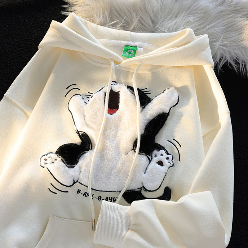 Japanese retro art raw milk fufu hooded sweater men's and women's minority design flocking cat high street coat Japanese retro art raw milk fufu hooded sweater men's and women's minority design flocking cat high street coat