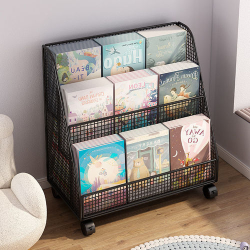 Movable picture book storage rack children's storage rack bookshelf floor pulley reading rack baby toy home bookcase