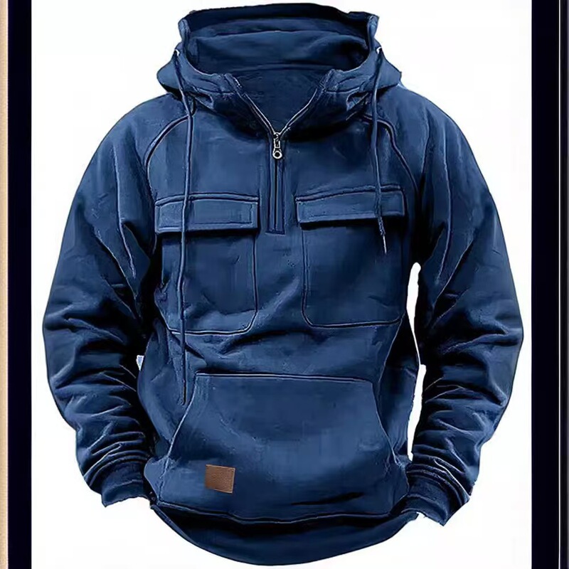 Cross-Border Autumn and Winter New Men's Hooded Solid Color Sweatshirt European and American Youth Sports Multi-Pocket Patchwork Sweatshirt Jacket