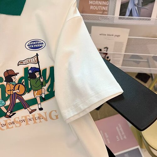 Trendy polo shirt short-sleeve boys' summer loose embroidery heavy-duty solid color T-shirt college style color-block half-sleeve T-shirt