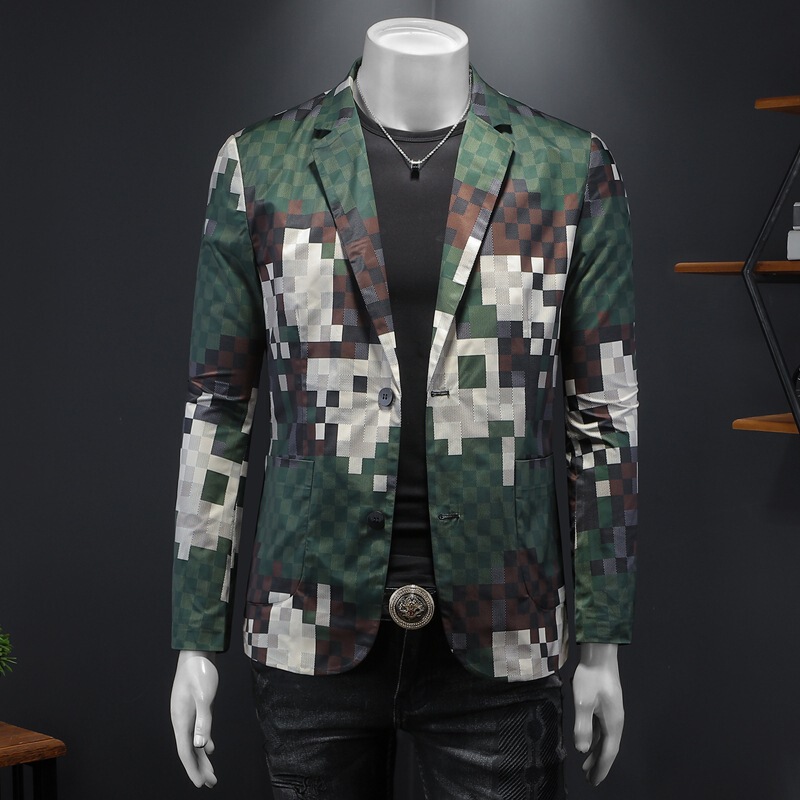 European Station Spring and Autumn New Men's Slim-fit Casual Suit plus size High-end Sense Plaid Camouflage Single Western Jacket Trendy