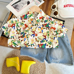 Children's short-sleeved floral shirts children's Korean shirts children's trendy summer tops cartoon 2024 new baby tops