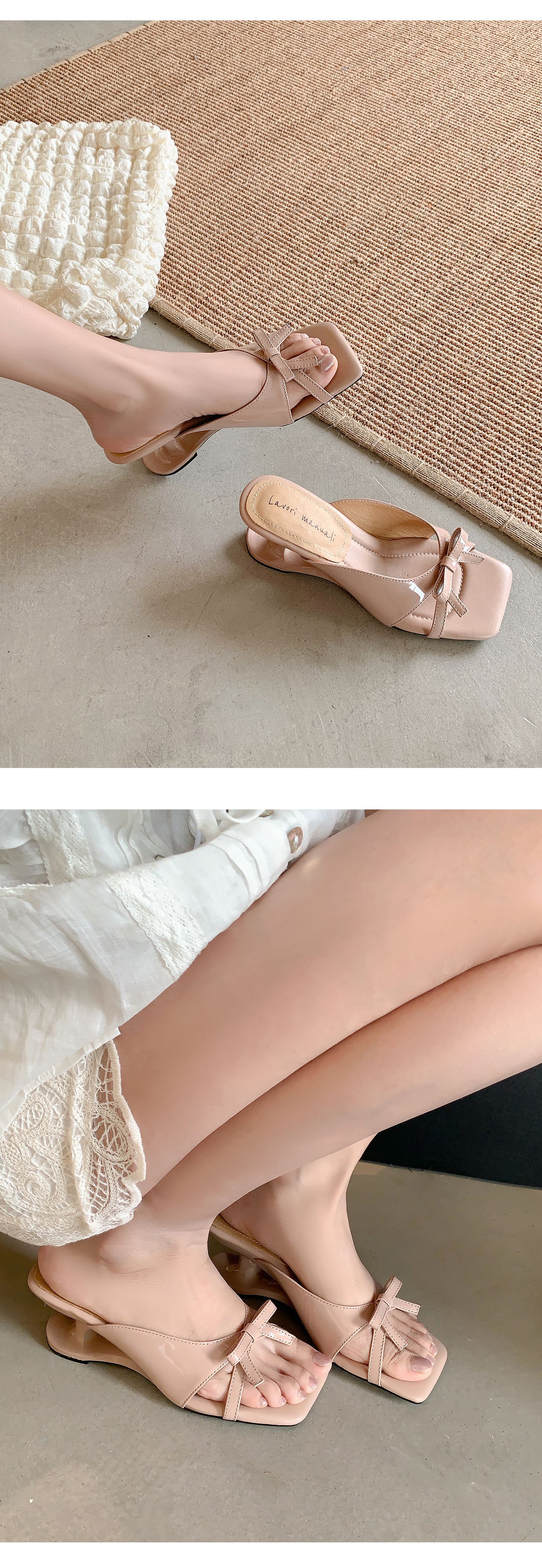 Sandal cao gót nữ mũi vuông da cừu nơ bướm đế mềm — Trần truồng hồng, Trắng chấm bi, bạc chi tiết 14