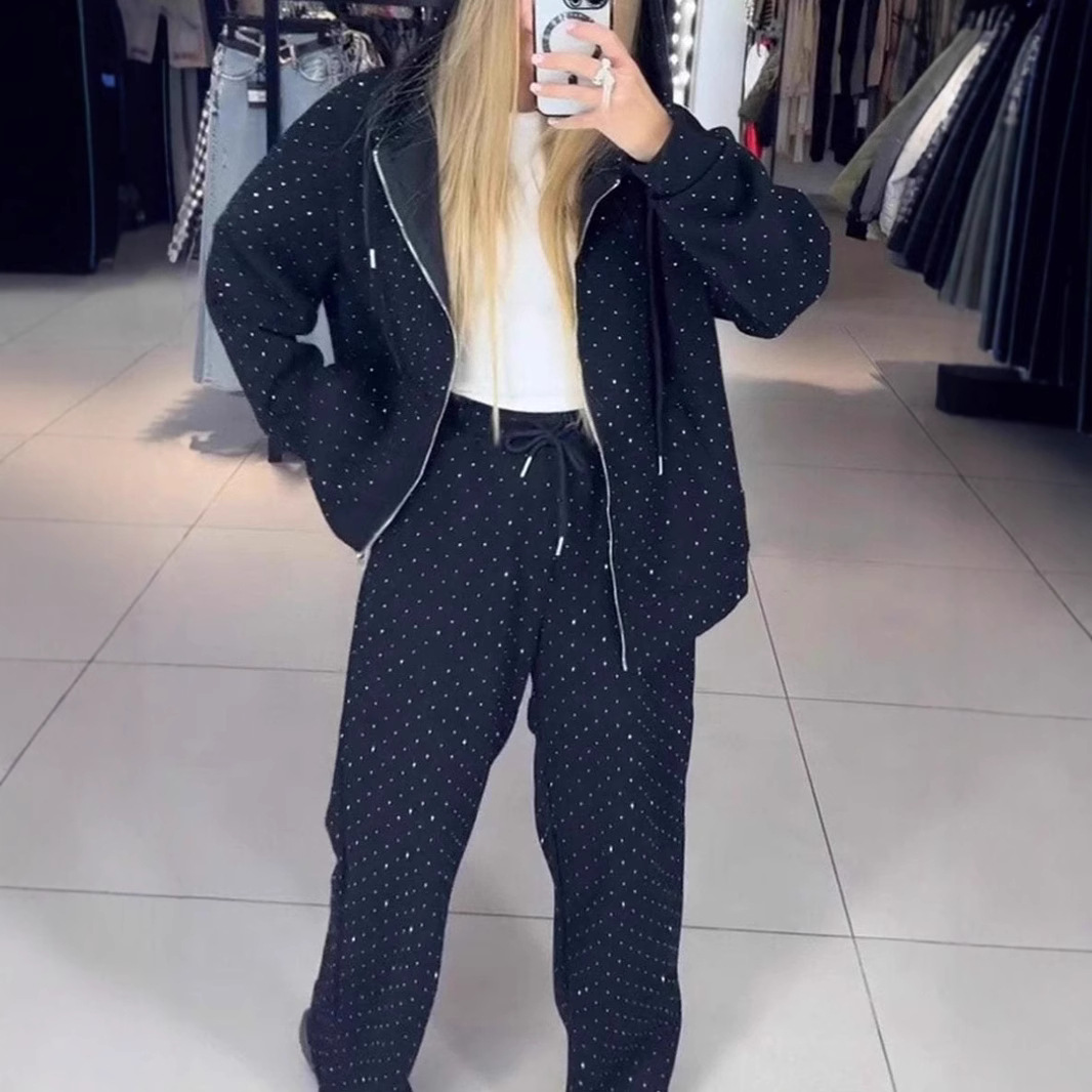 Damenbekleidung Sportanzüge Herbst und Winter mit Reißverschluss Lazy Style Lässiges Kapuzenpullover mit Rauten-Hose mit weitem Bein Zweiteiliger Anzug_voghion.com