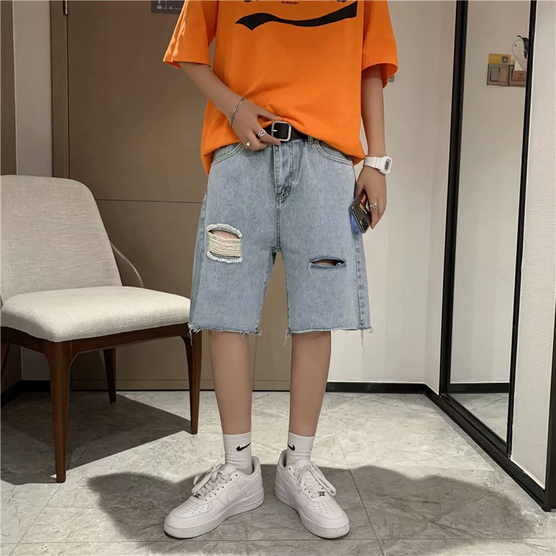 夏季毛边割破洞牛仔短裤男潮牌五分ins港风宽松网红5分乞丐裤子潮