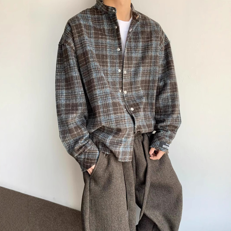Spring Retro Versatile Lazy Blue Coffee Plaid Material Stand Collar Long Sleeve Thick Shirt Men's Trendy Brand Versatile Shirt Men