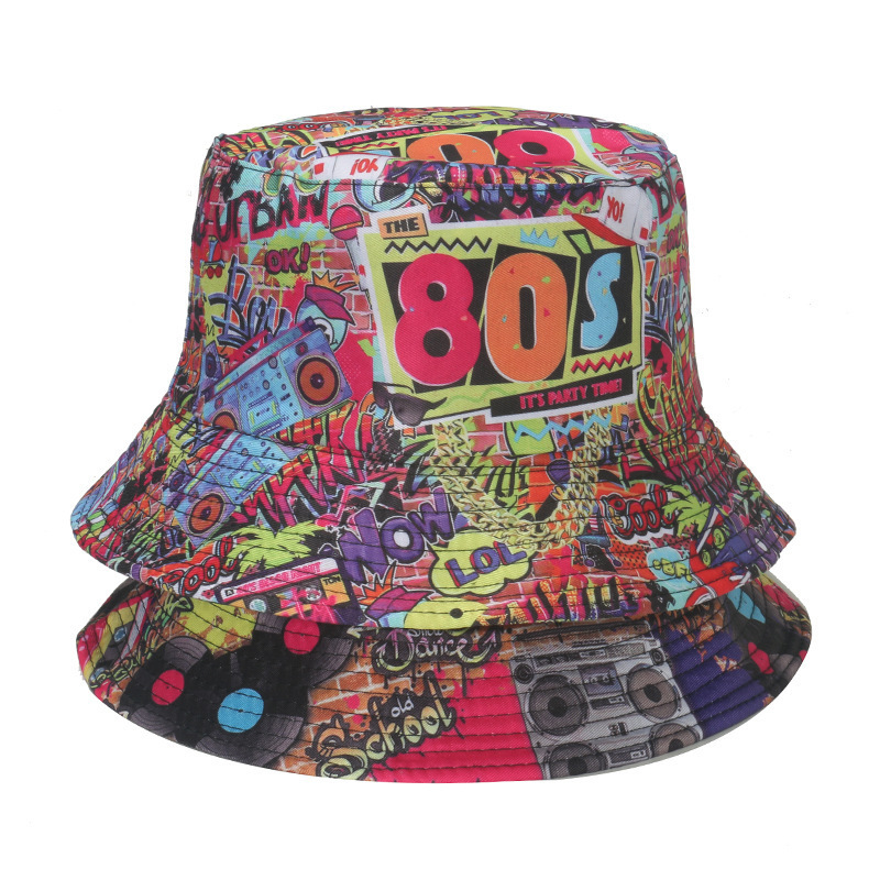 Cross-Border Casual 80S Nostalgic Fisherman Hat 90S Double-Sided Retro Disco Party Basin Hat Graffiti Men Versatile