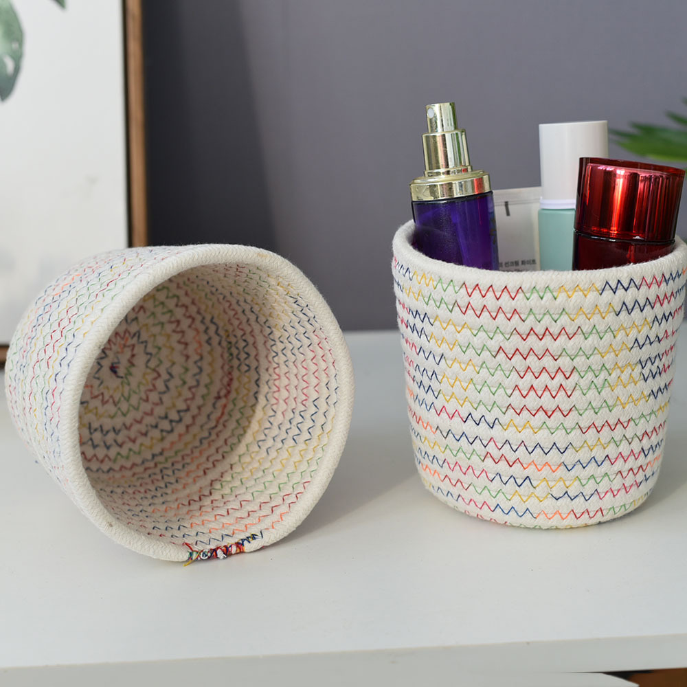 Cotton Rope Small Storage Basket, Mini Desk Snack and Cosmetic Storage Basket, Colored Round Basket