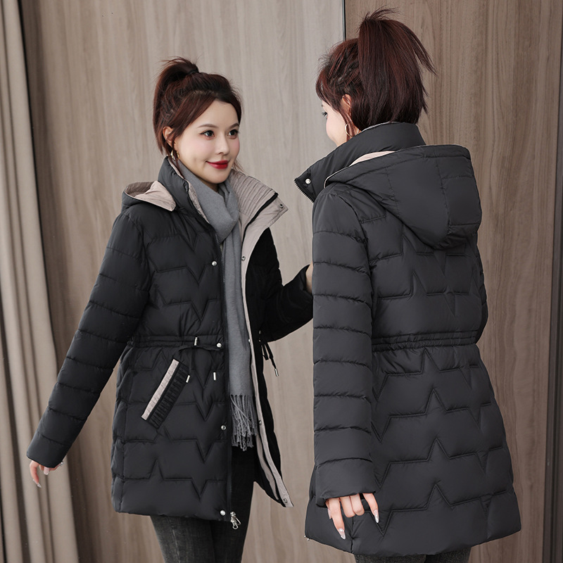 Cauchy plumón mujer invierno nuevo delgado de moda algodón chaqueta caliente largo estilo exterior
