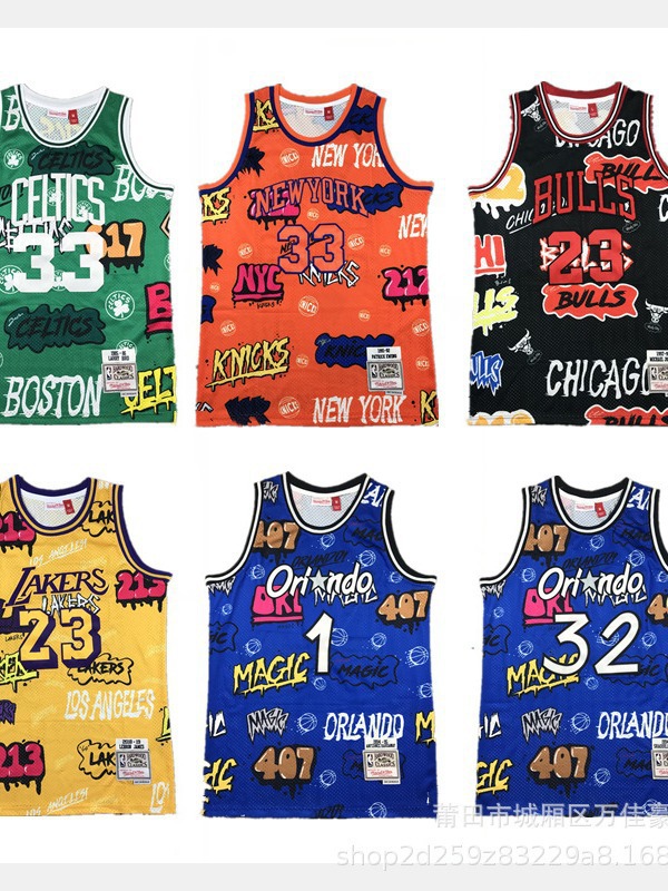 American Jersey Lakers Knicks Magic Retro Style Trendy Sports Casual Graffiti Camouflage Basketball Uniform for Men