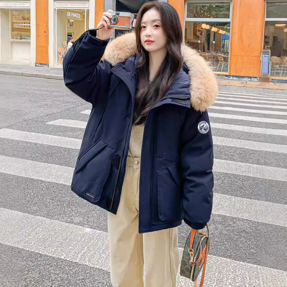 Мужские и женские парные рабочие куртки 2025, зимняя новинка, парка с меховым воротником, пуховик, женская короткая свободная куртка в корейском стиле, модная куртка.