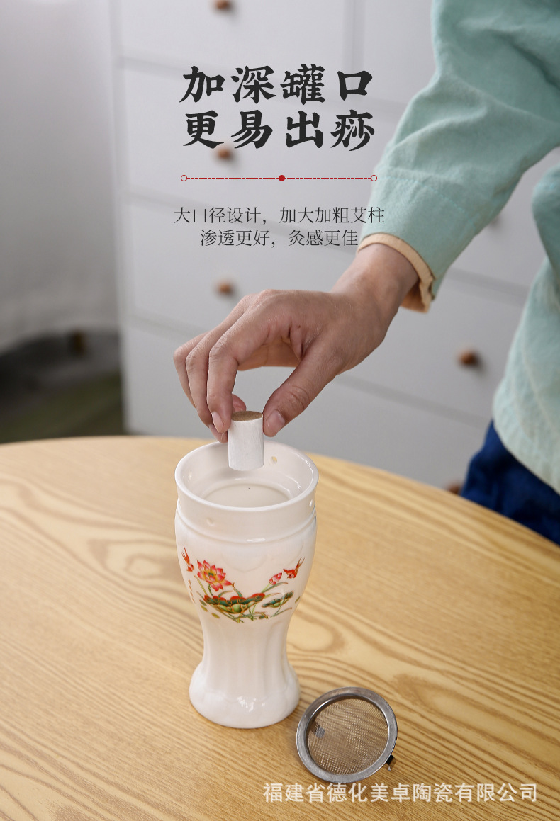 Ceramic Moxibustion Gua Sha Cup Double Layer Jar Warm Therapy Massage Tool with Cloth Sleeve 350g quality and texture
