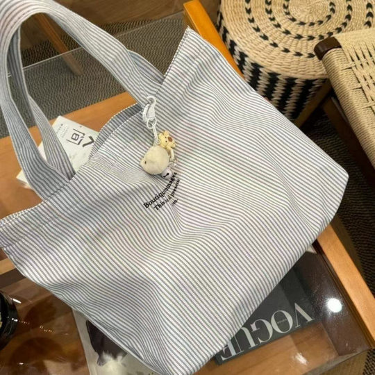 New Casual Striped Lazy Simple Large Capacity 2024 Commuter Canvas Bag Versatile Shoulder Tote