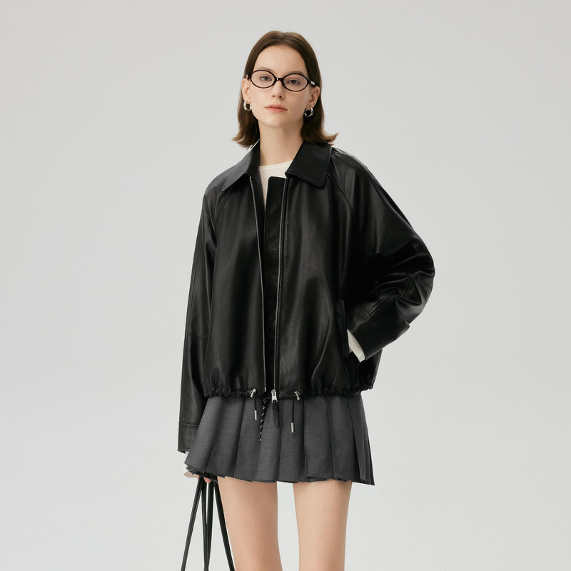 Cold-Dyed Leather Jacket~Sheepskin Lo*We Lapel Drawstring Segmented Silhouette Vintage Versatile Balloon Short Leather Jacket