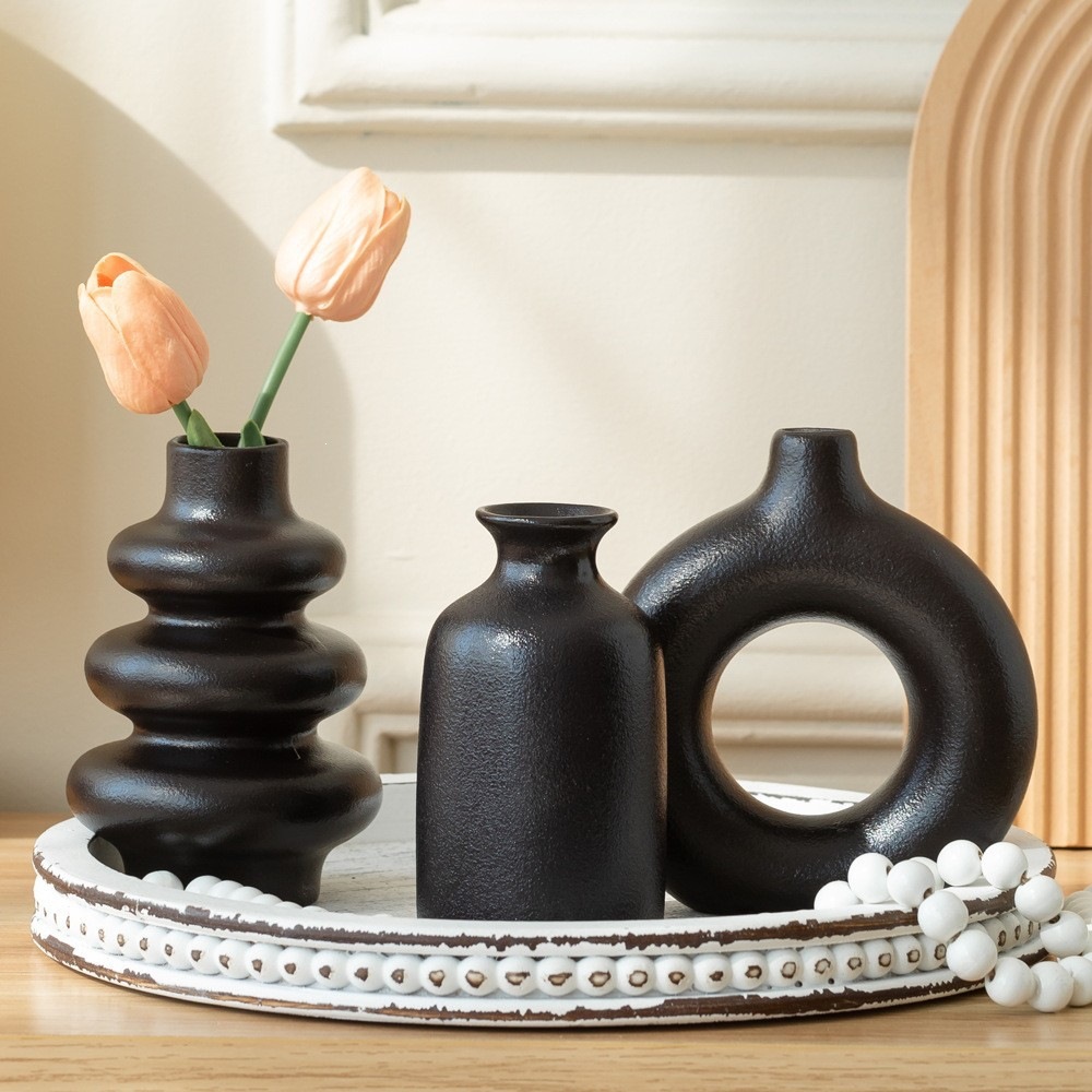 Jarrones Decorativos de Cerámica, Juego de 3 Piezas, Porcelana Blanca, Diseño Geométrico, para Decoración del Hogar