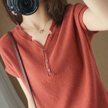 新款棉麻针织短袖女士领棉恤大码韩版打底衫夏季半袖上衣