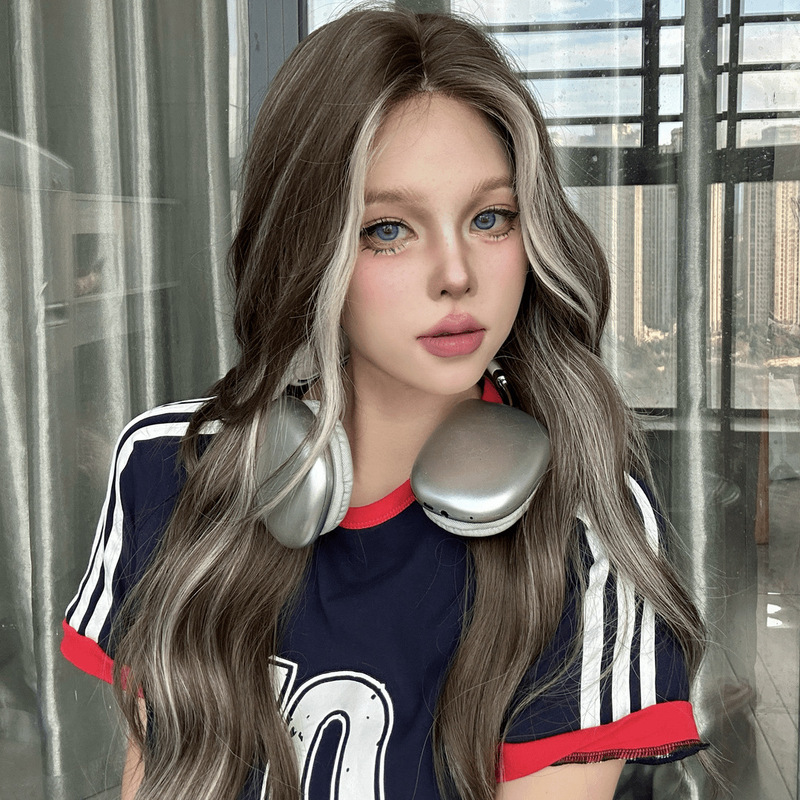 Nail Princess Lace Wig Women's Long Curly Hair Gray Gold Highlights Natural Full Head Cover Hair Cover Protein Silk Wig