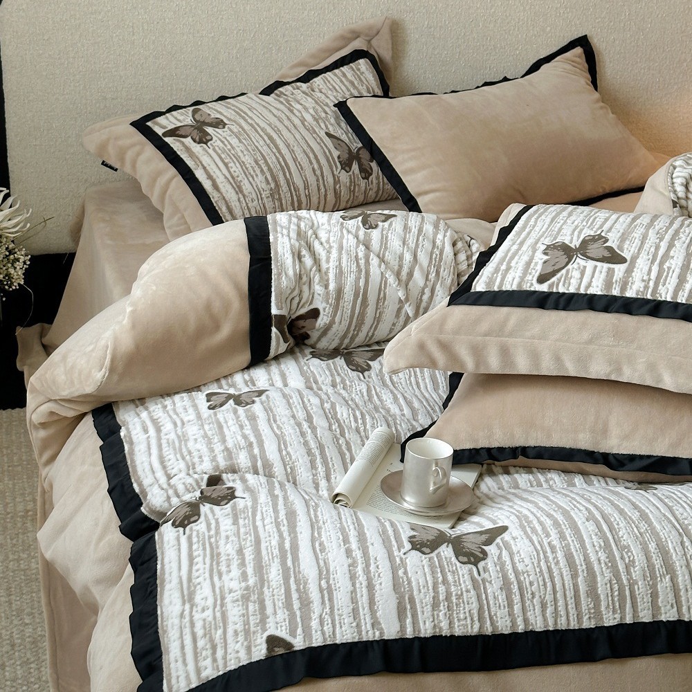 Conjunto de quatro peças estilo nórdico francês vintage boho outono e leite espesso, estilo retrô francês, capa de edredom quente de inverno, lençol de veludo coral, macio_voghion.com