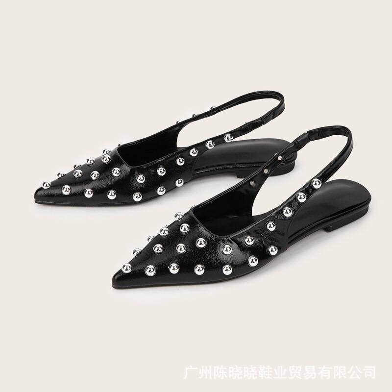 黑色尖头平底铆钉时尚百搭法式一字带女外穿后空凉鞋女|undefined