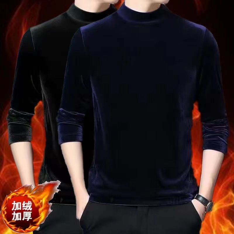 Fuente fabricante otoño e invierno suéter de terciopelo dorado tendencia ropa interior térmica de cuello medio alto camisa de fondo para hombres más engrosamiento de terciopelo