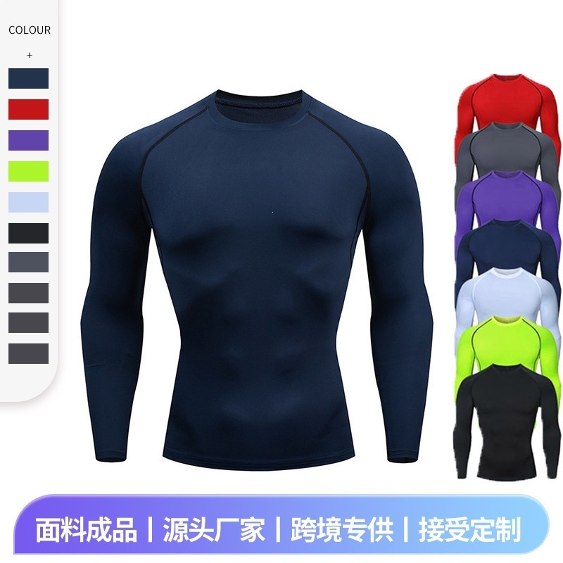 Transfronterizo rápido secado manga larga camiseta de entrenamiento masculino correr elástico color sólido nadar ropa de gimnasio de cuello redondo transpirable