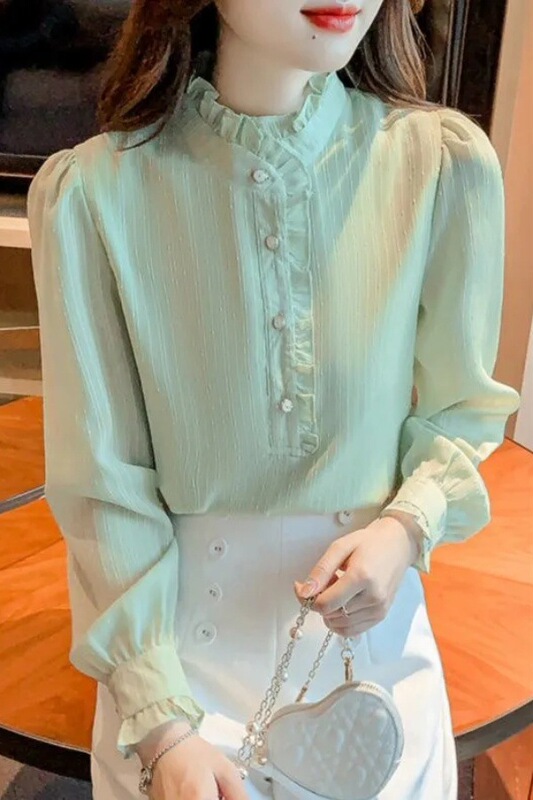 2025春秋新款法式蕾丝雪纺衫女时髦立领花边拼接长袖优雅百搭上衣|undefined